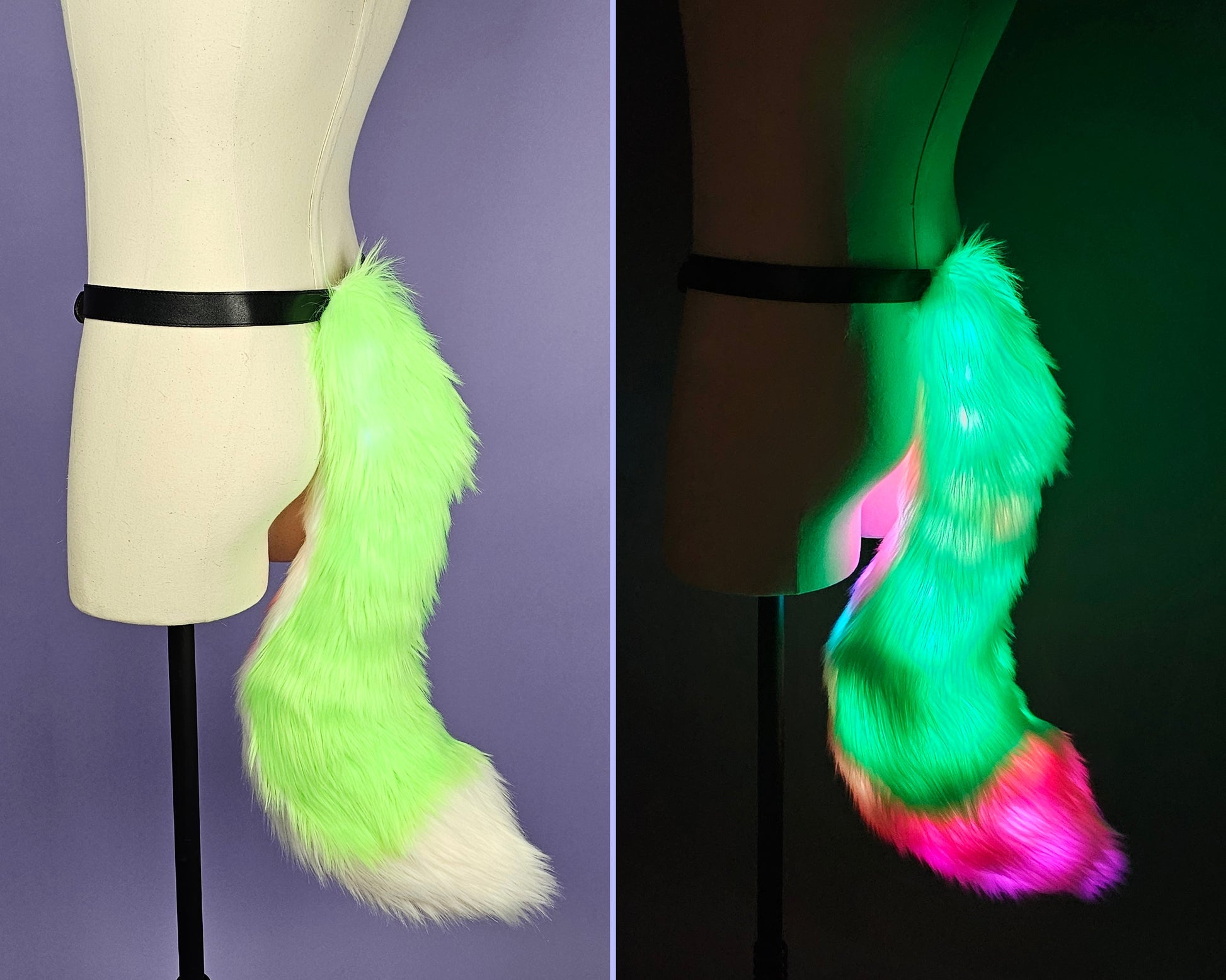 Collage image of a custom green and white faux fur tail with LEDs.