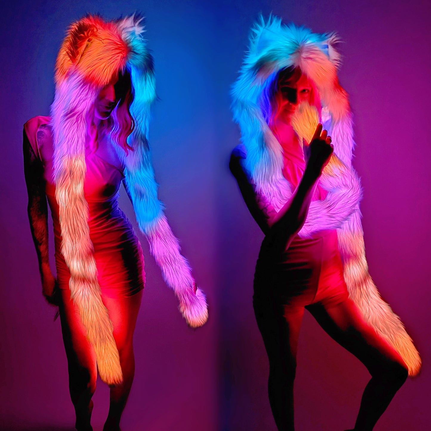 Model wearing Faux fur hood illuminated with multicolor LEDs.