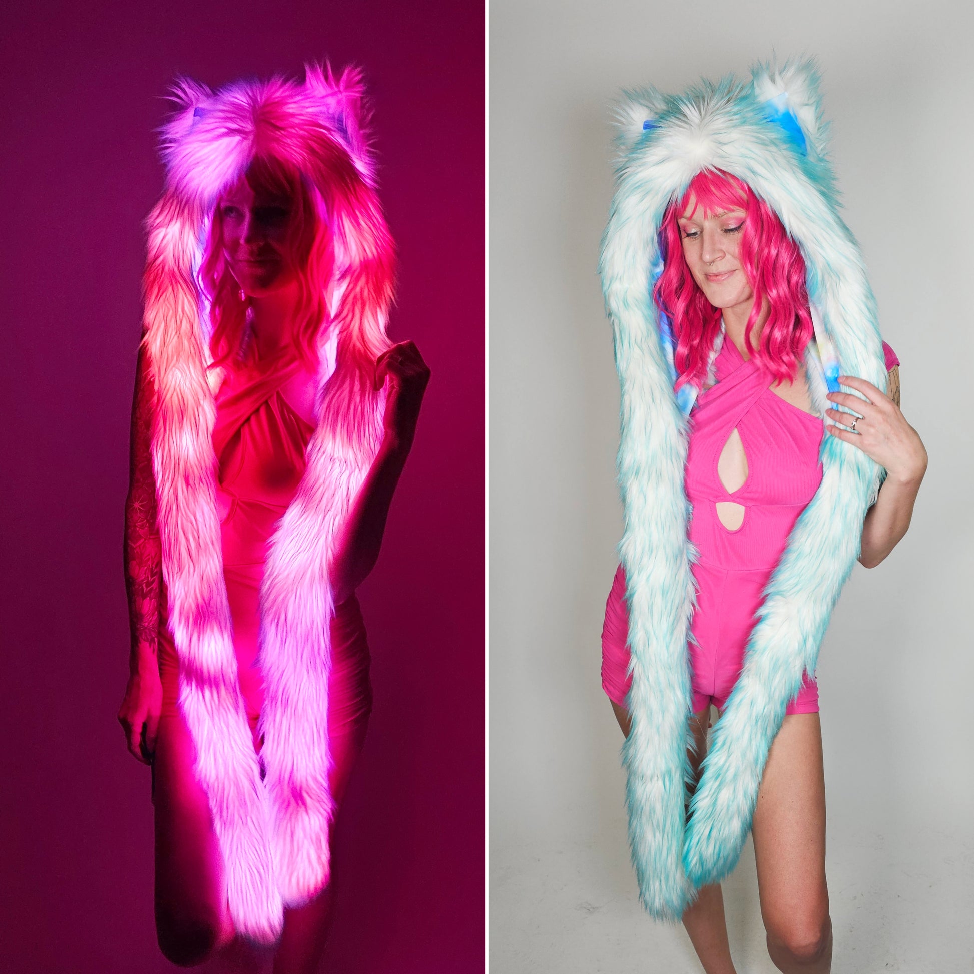 Split image with aqua blue faux fur hood, pictured on the left in the dark with LEDs, on the right in bright light 