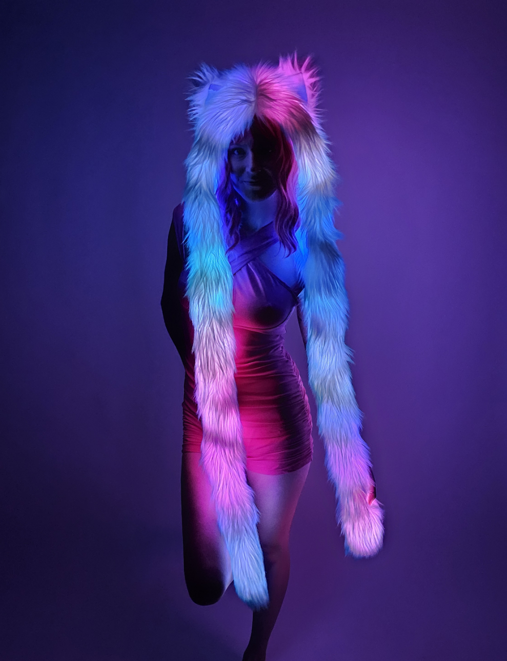 Faux fur hood with multicolor LEDs