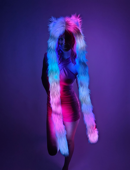 Faux fur hood with multicolor LEDs
