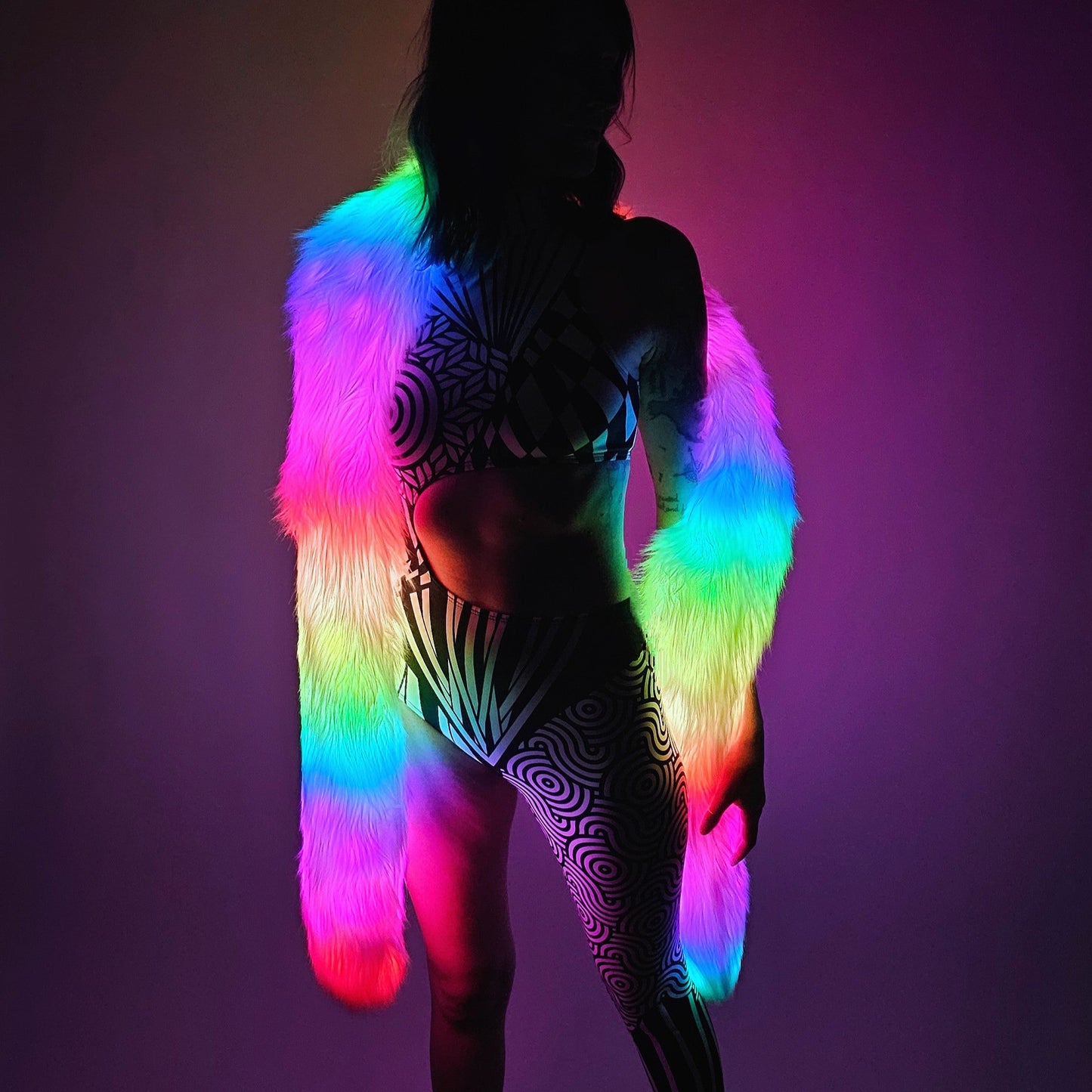 faux fur glow worm scarf with rainbow LEDs