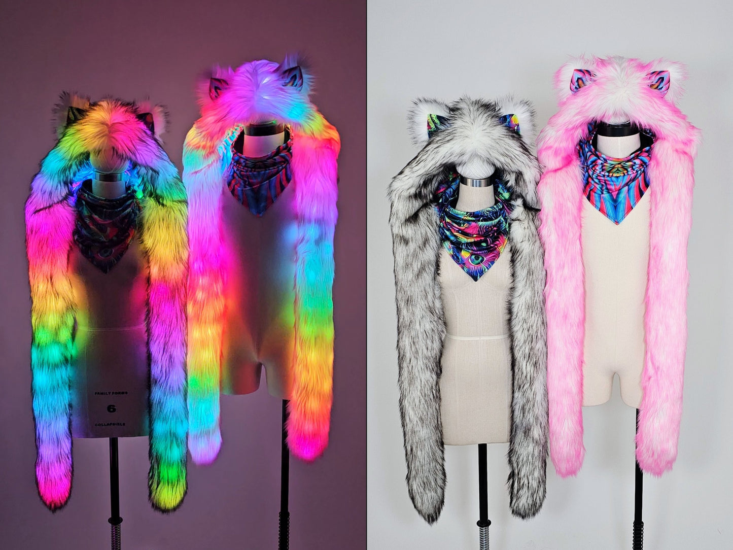 Two mannequins wearing colorful fur hats with LED lights on a plain background.