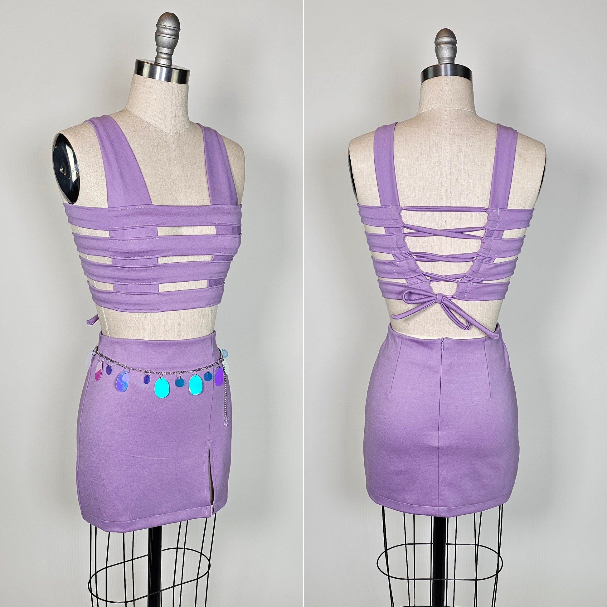 Mannequin wearing lavender cage bralette top and matching skir