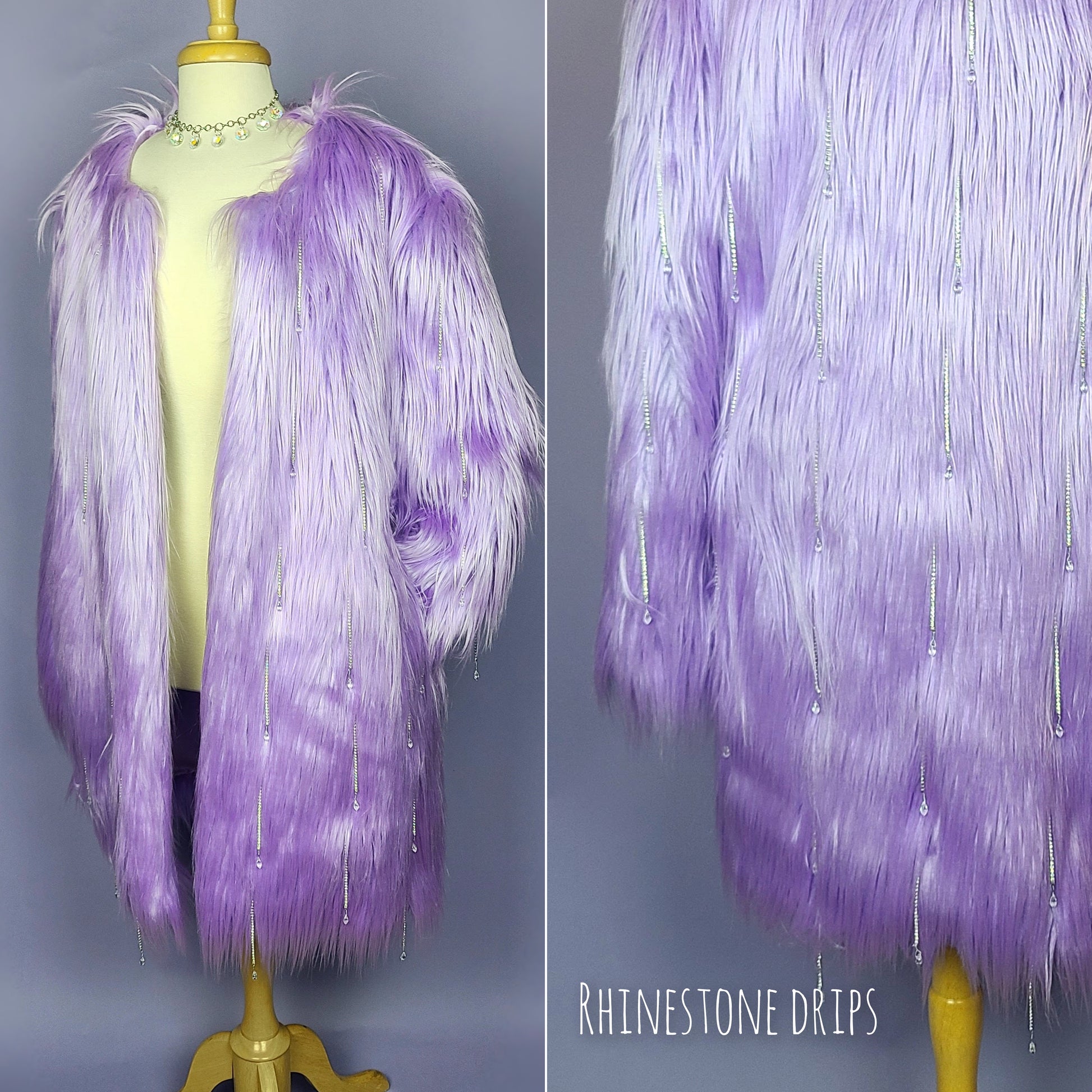 Lanvender faux fur coat with rhinestone tassel detail.