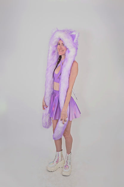 Model wearing led hood with lavender fur