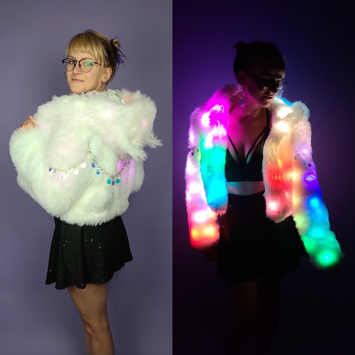 Collage of Woman wearing a cropped faux fur coat illuminated by rainbow color leds.