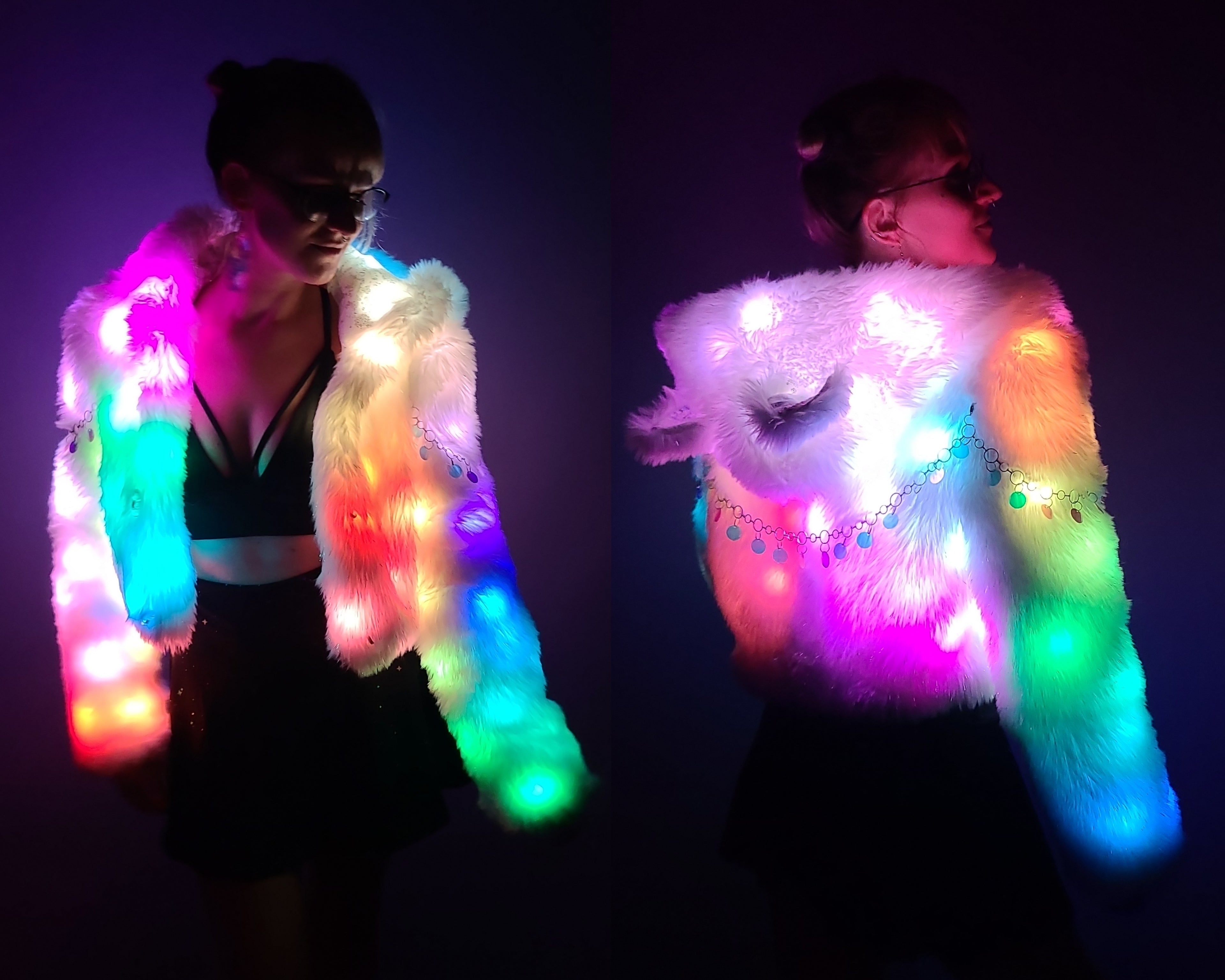 Collage of short white faux fur coat illuminated by rainbow colored leds.