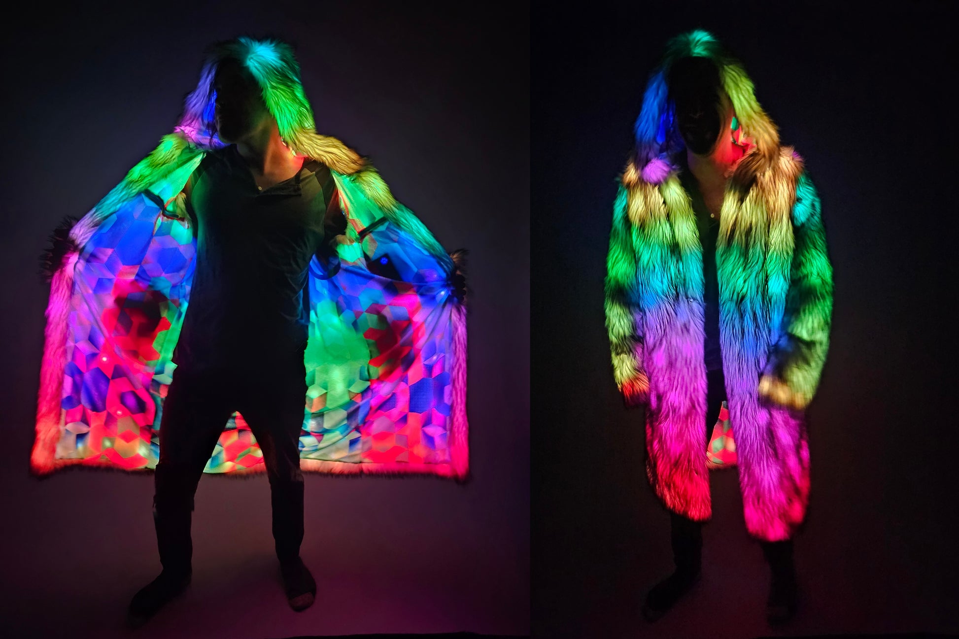 Collage of man wearing a long faux fur coat illuminated by multicolor LEDs.