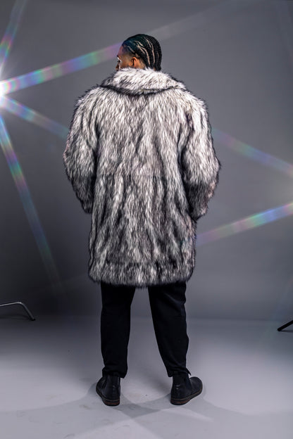 model wearing faux fur LED coat