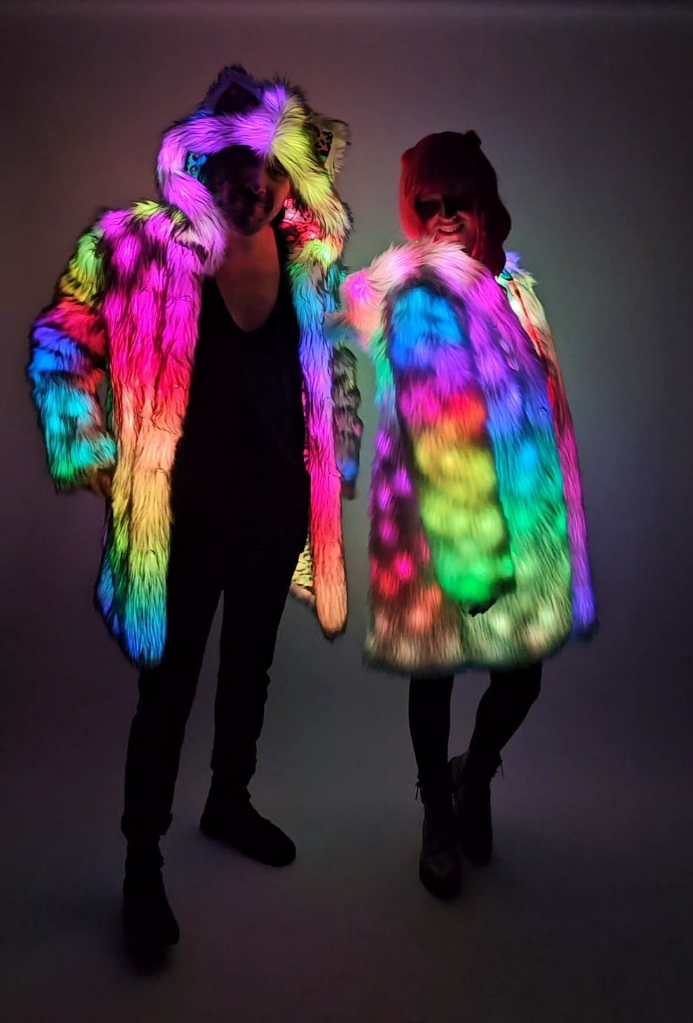 Matching couples LED faux fur coats