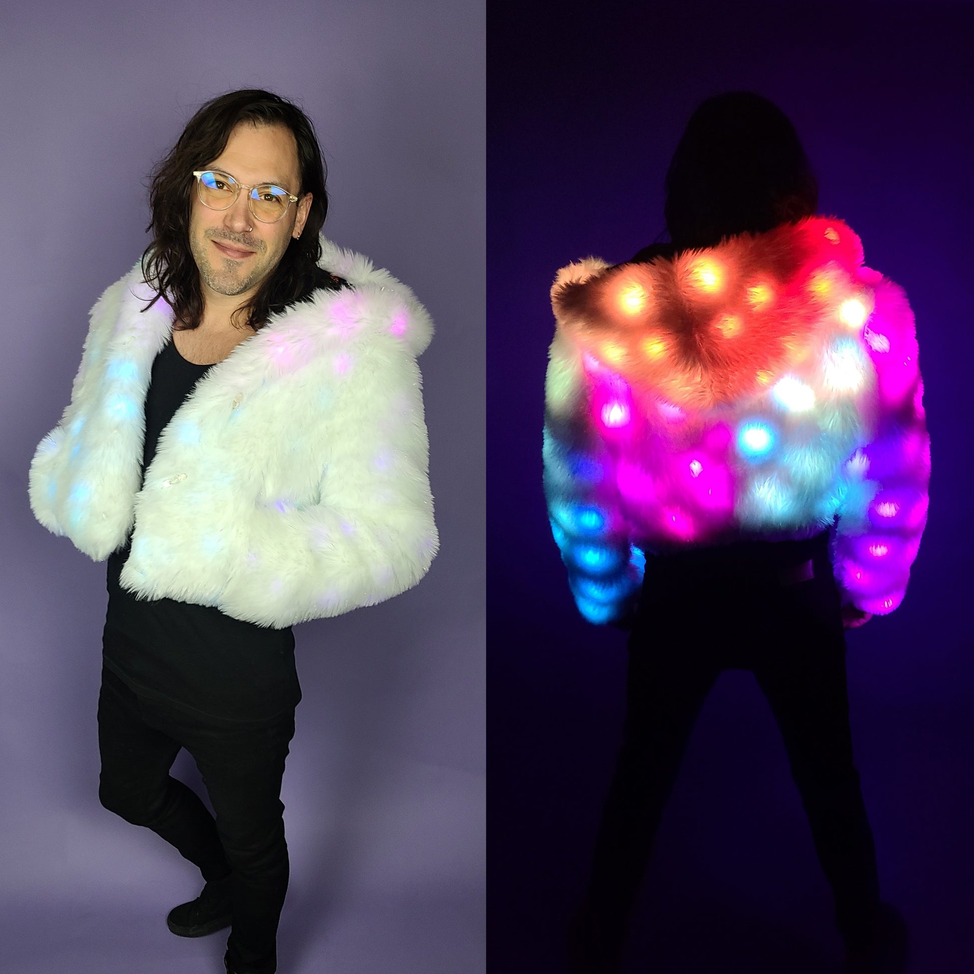 Collage of man wearing cropped whote faux fur coat illuminated by colorful leds.