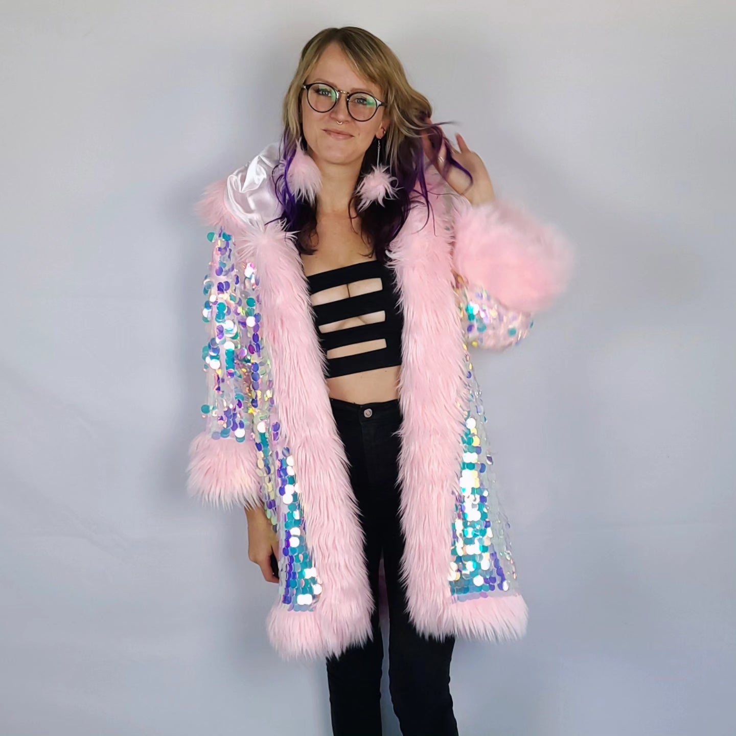 Iridescent sequin jacket with light pink faux fur trim.