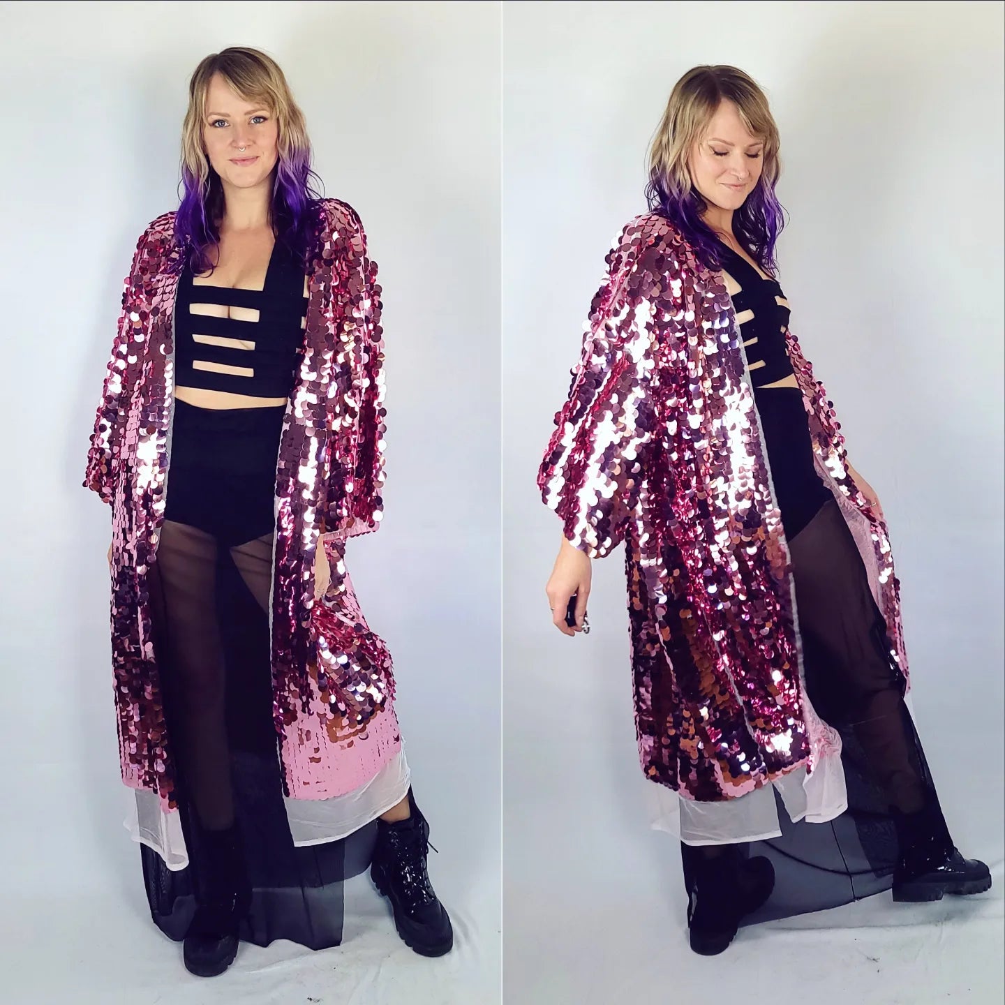 Woman wearing a metallic pink sequin kimono