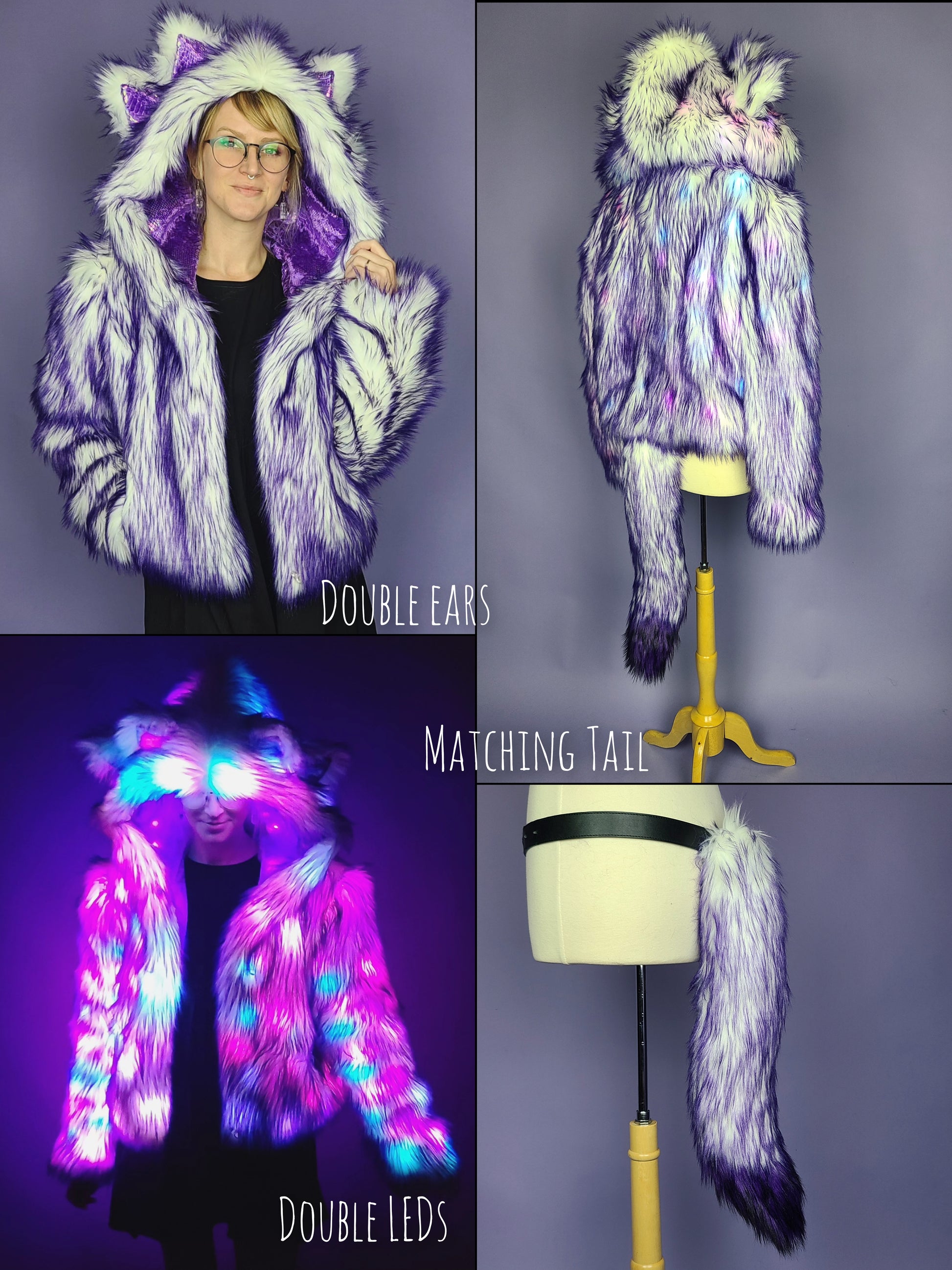 Collage of a purple faux fur coat and matching purple faux fur tail.