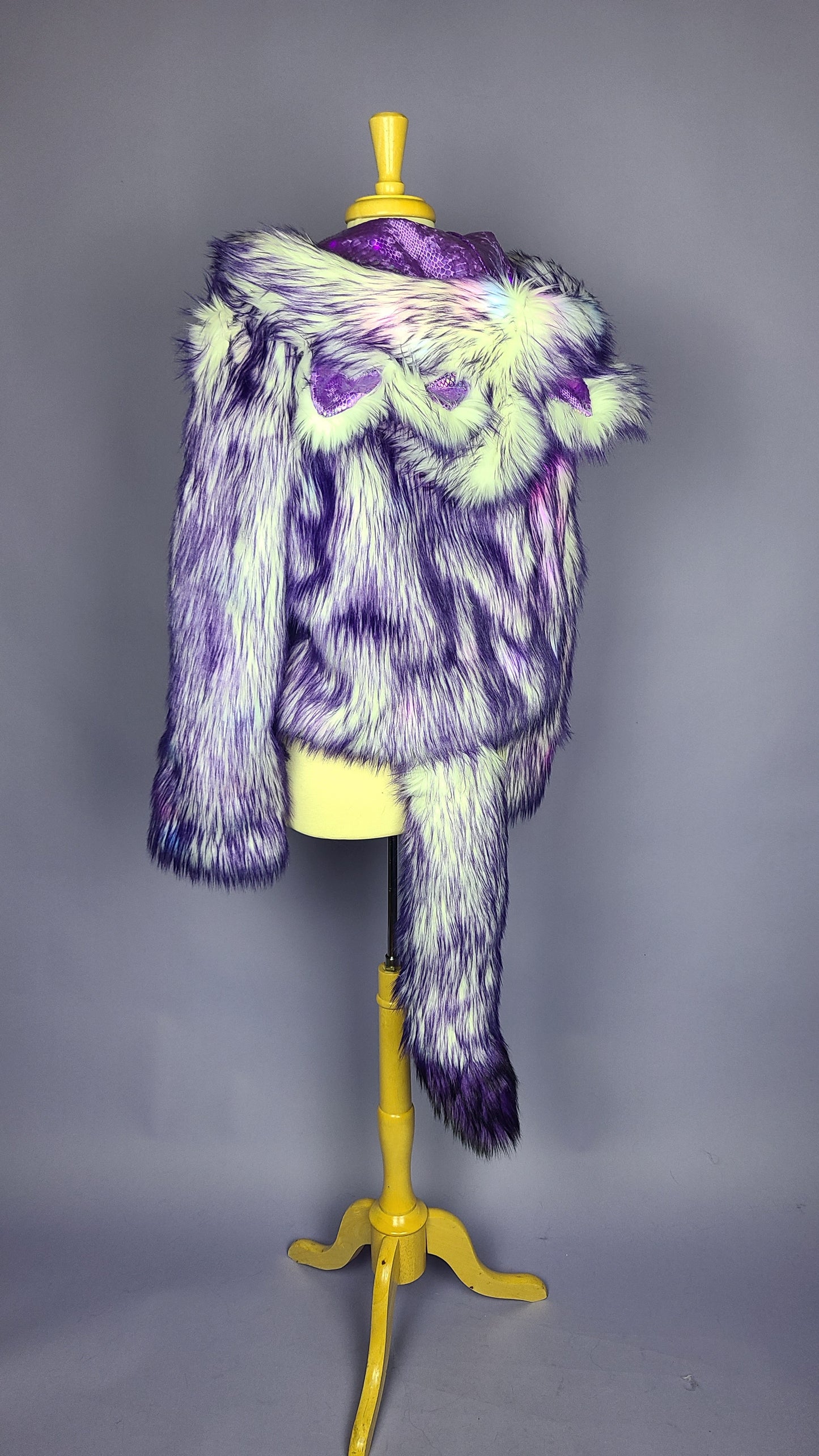 Purple faux fur jacket with matching purple faux fur tail.