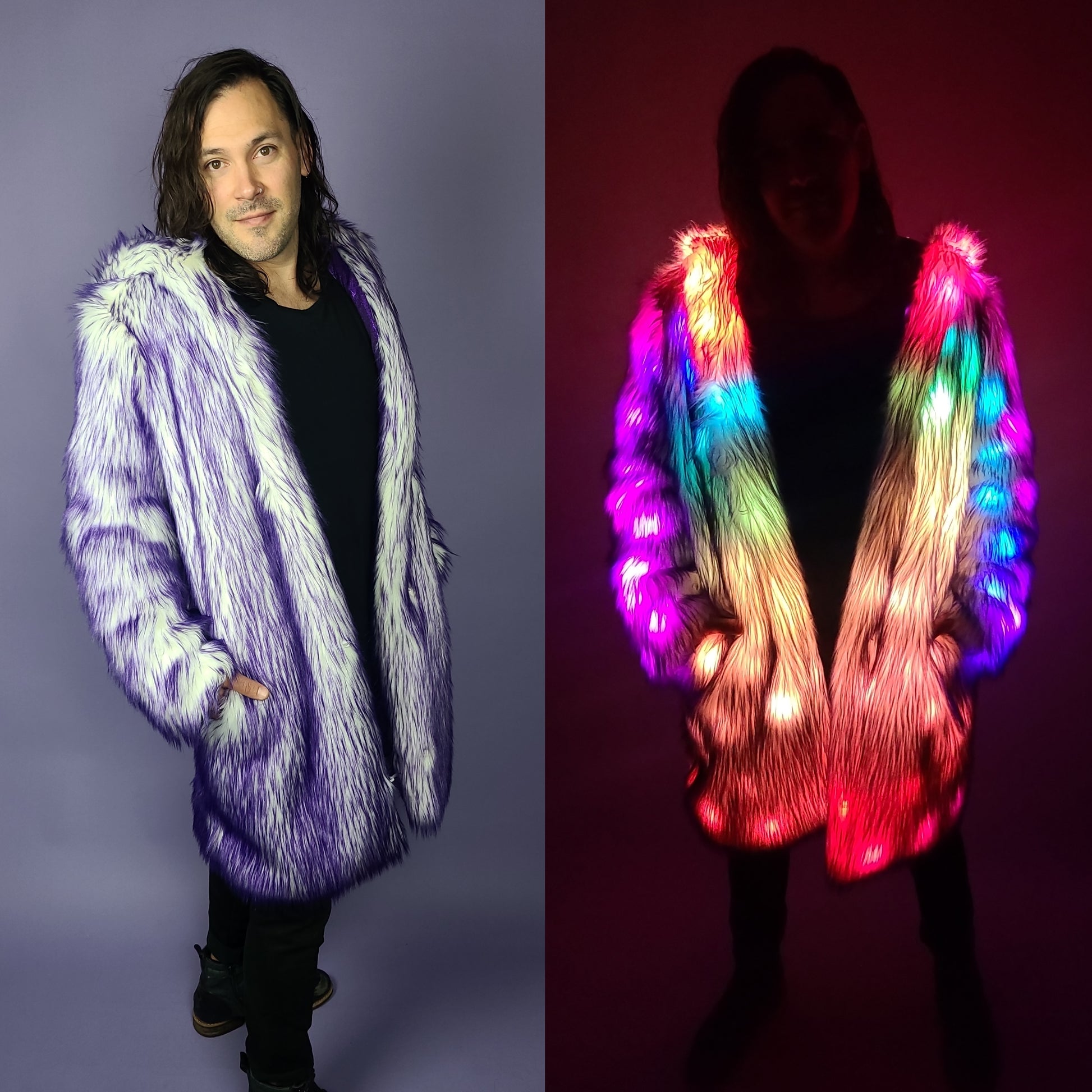 Collage of man wearing a purple faux fur coat illuminated by LEDs.