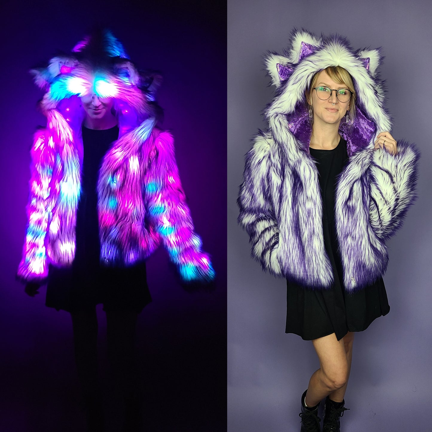 Woman wearing a purple cropped faux fur coat illuminated by rainbow color leds.