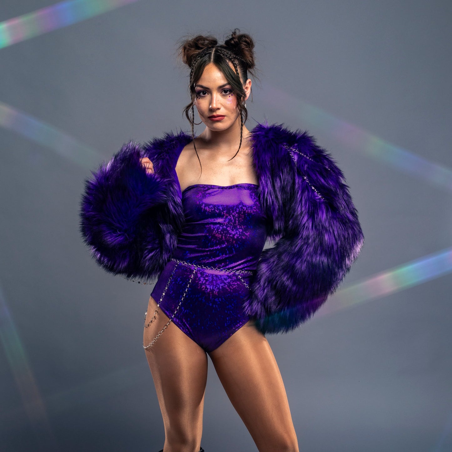 model wearing purple faux fur jacket