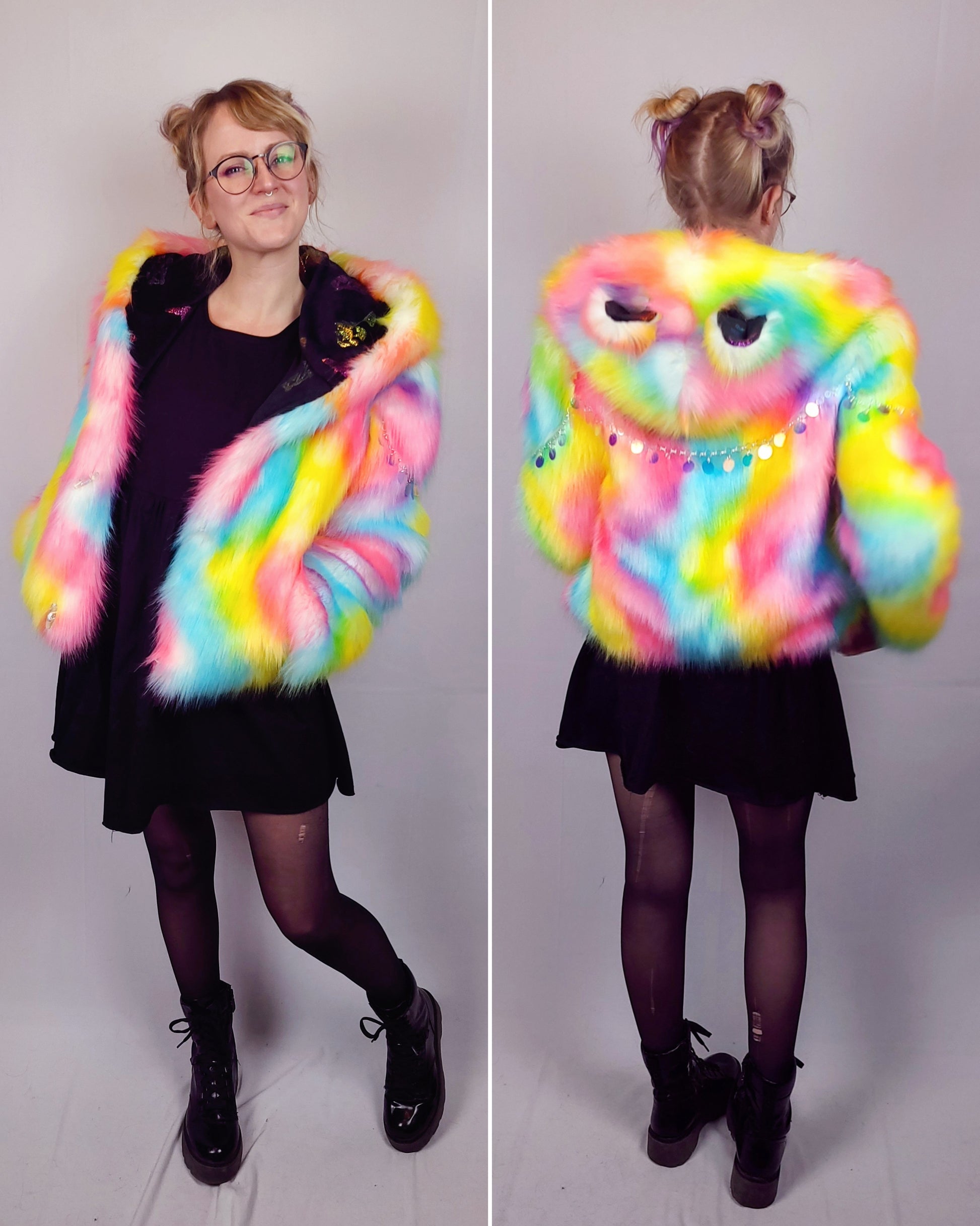 Collage of woman wearing rainbow color faux fur coat.