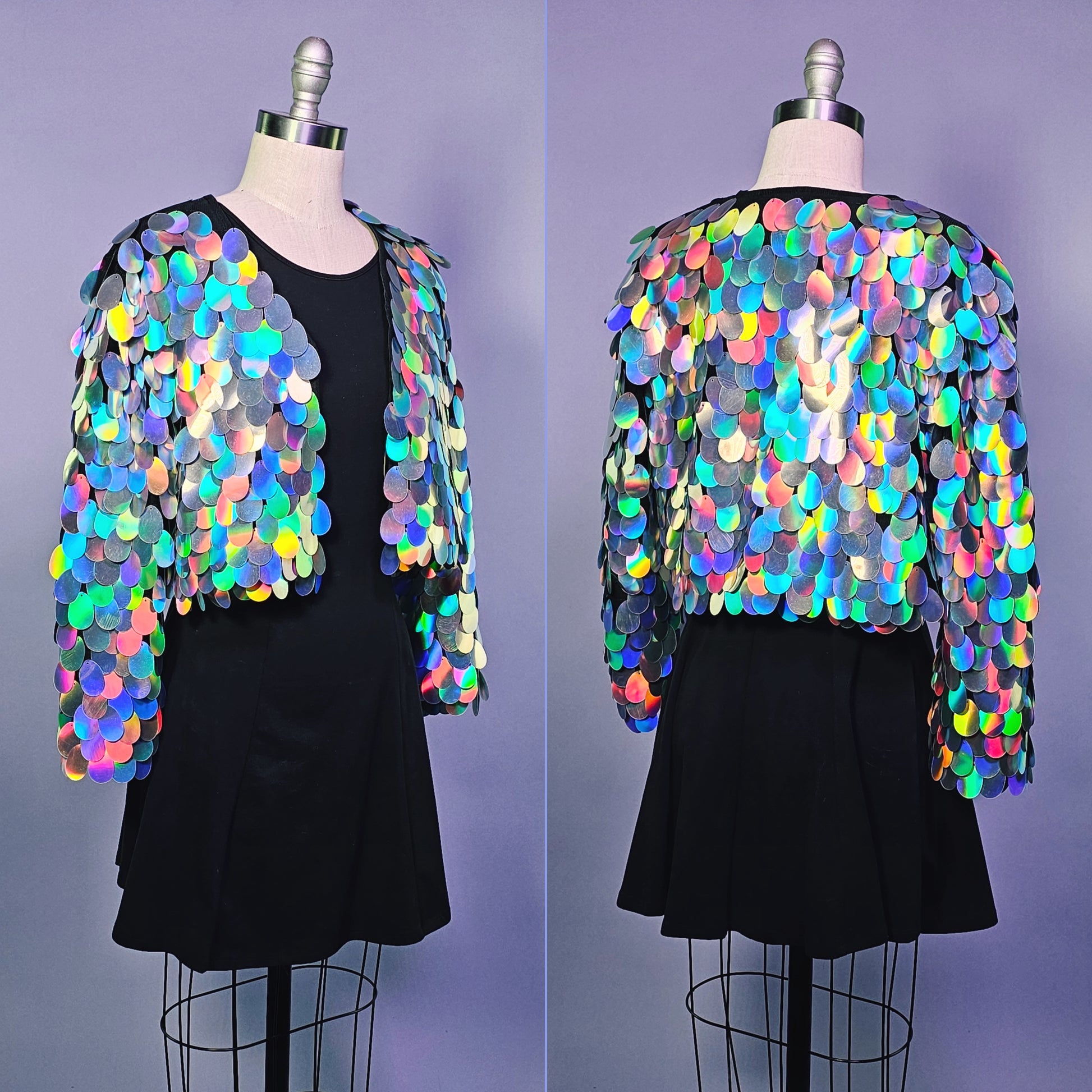 Split image showing mannequin wearing a cropped jacket made with silver sequins and black satin lining.