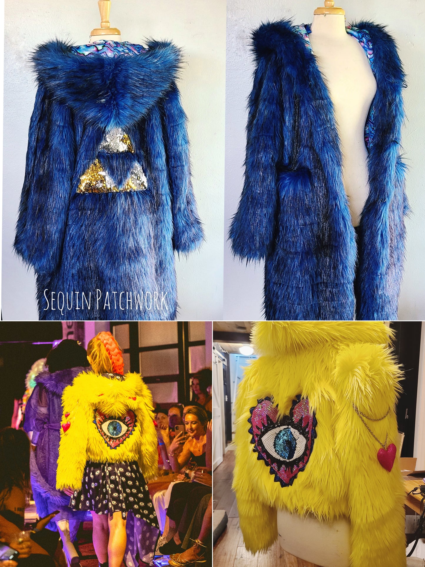 Collage showing examples of sequin patchwork that can be added to a custom faux fur coat.