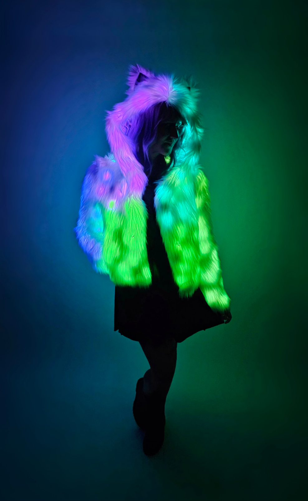 Waist length faux fur LED coat with ears