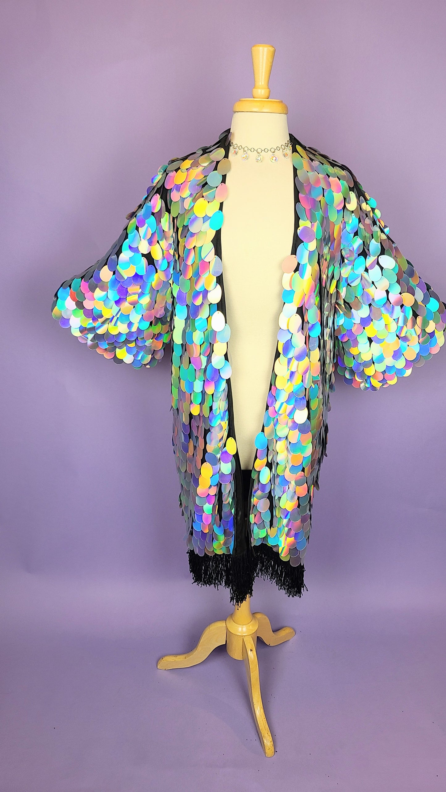 Sequin kimono with large iridescent silver sequins