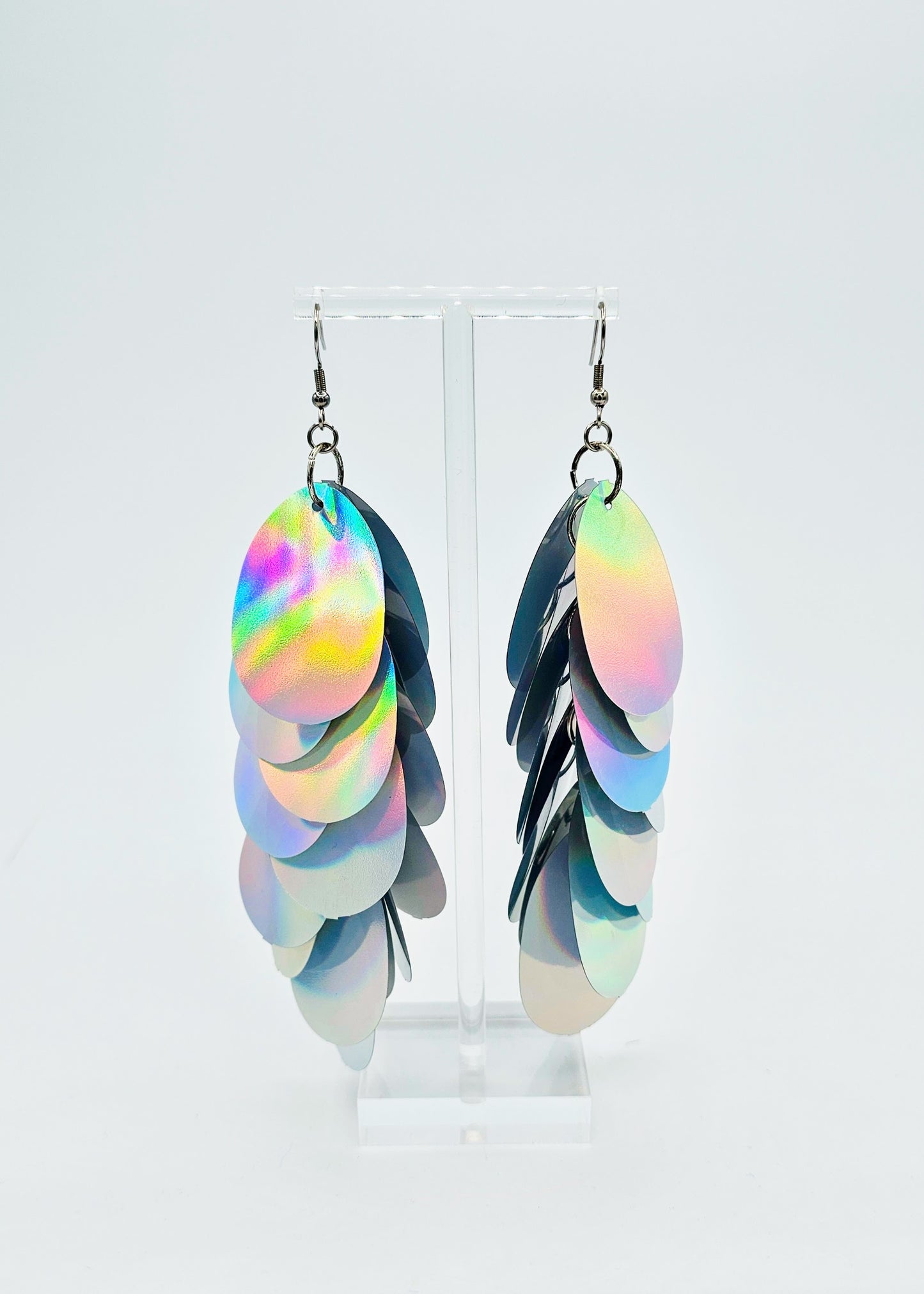 Silver iridescent earrings 5 inch