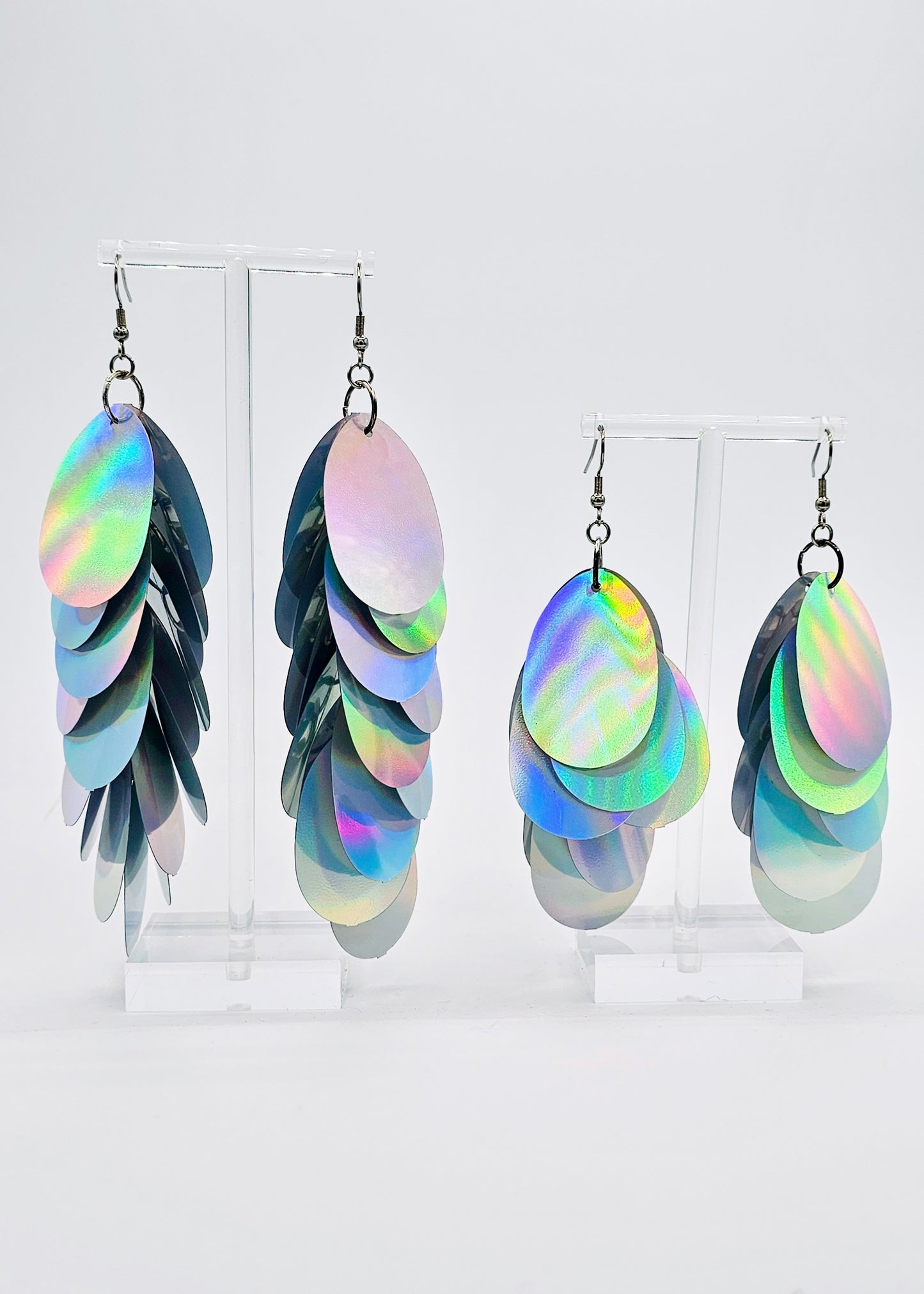 Silver iridescent sequin earrings in 4 and 5 inch length