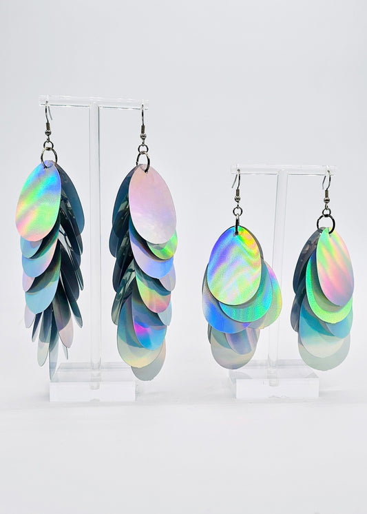 Silver iridescent sequin earrings in 4 and 5 inch length