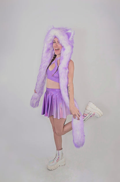 Model wearing lavender faux fur hood