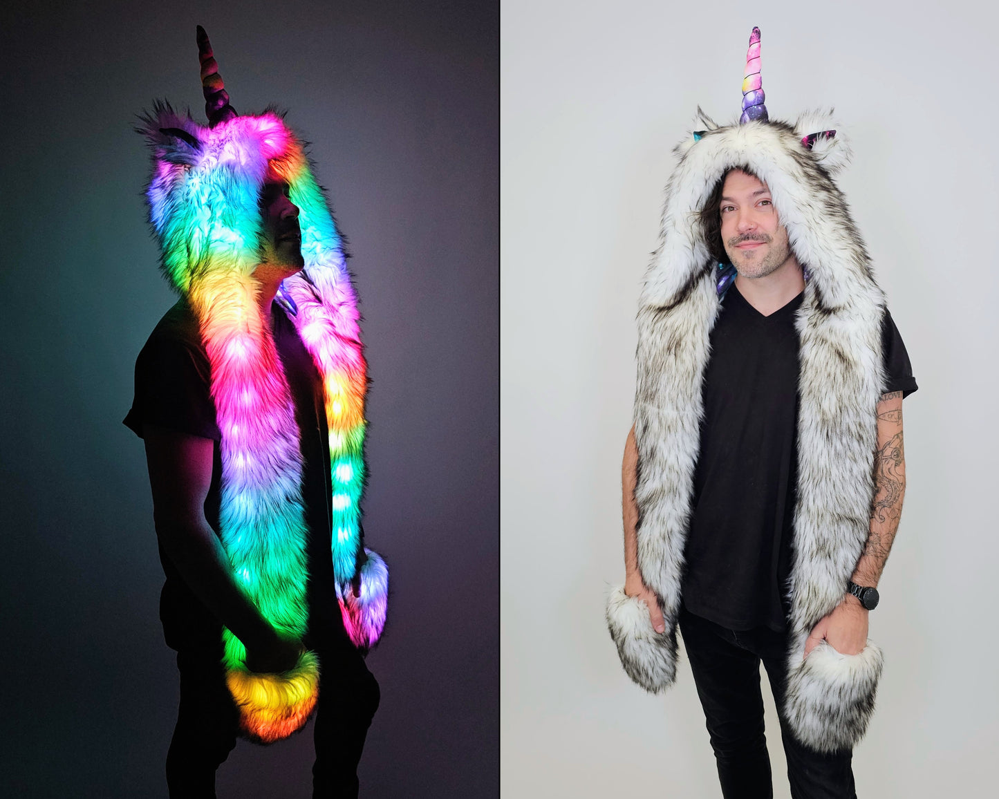 Collage image of a person wearing colorful unicorn-themed hood against a dark and light background.