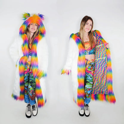 Split Image of woman colorful outfit with a rainbow-themed coat on a white background