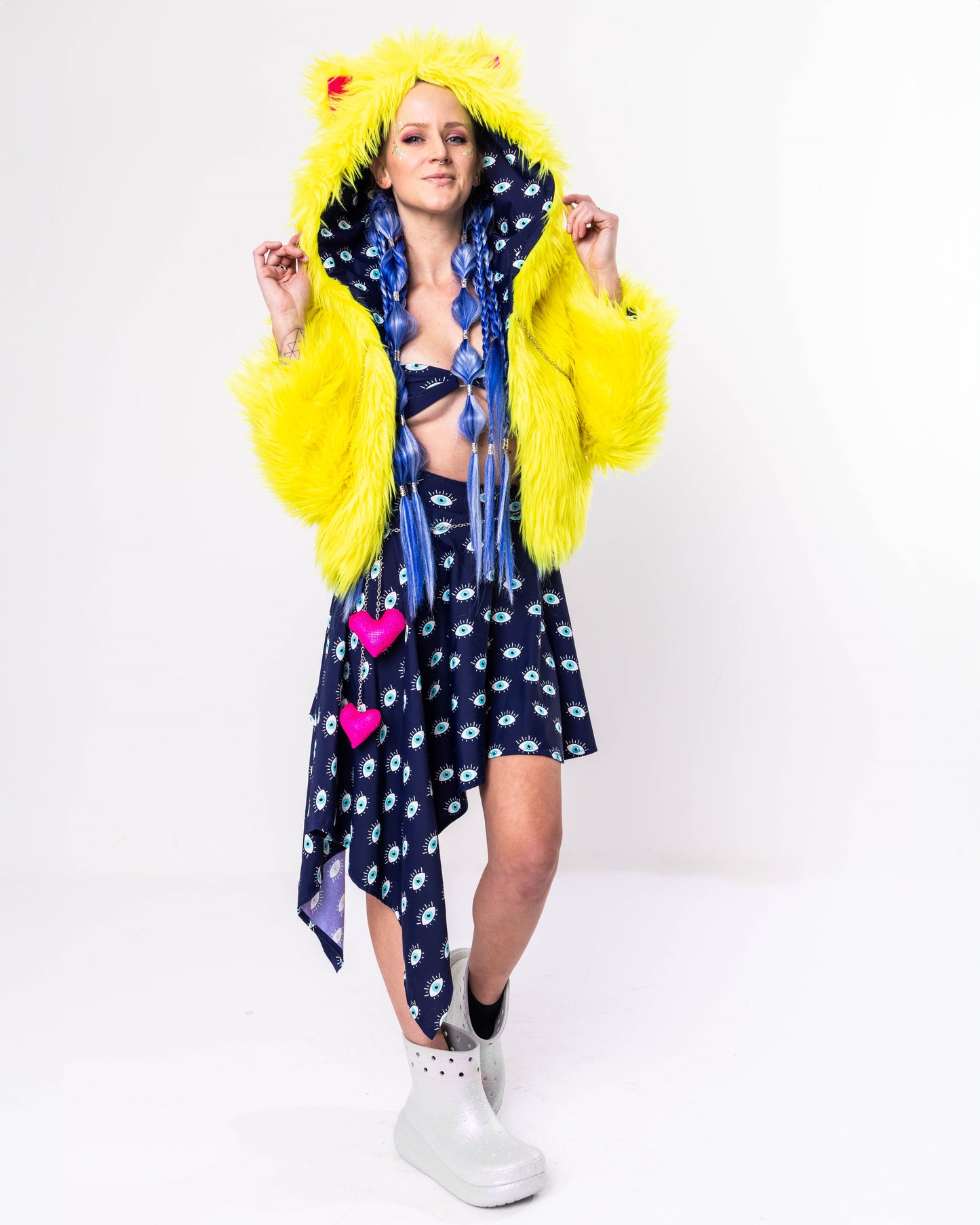 Yellow faux Fur Coat with navy blue eye print lining.