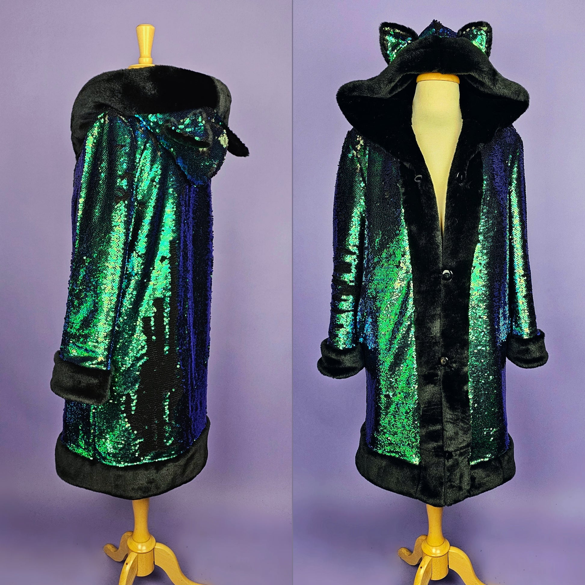 Mannequin wearing coat made with emerald green sequins, black faux fur trim and lining, and animal ears on the hood.