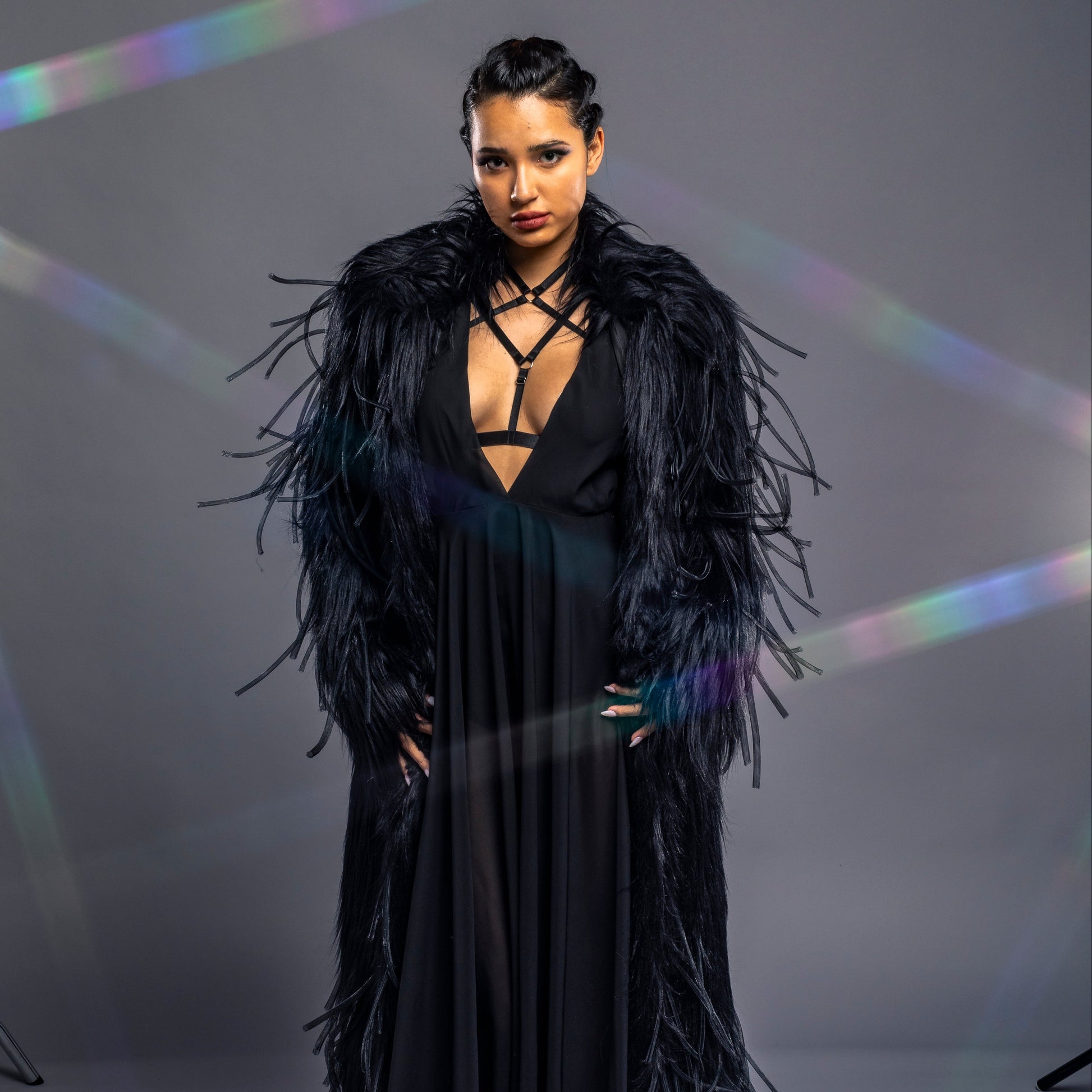 black faux fur coat with spike details