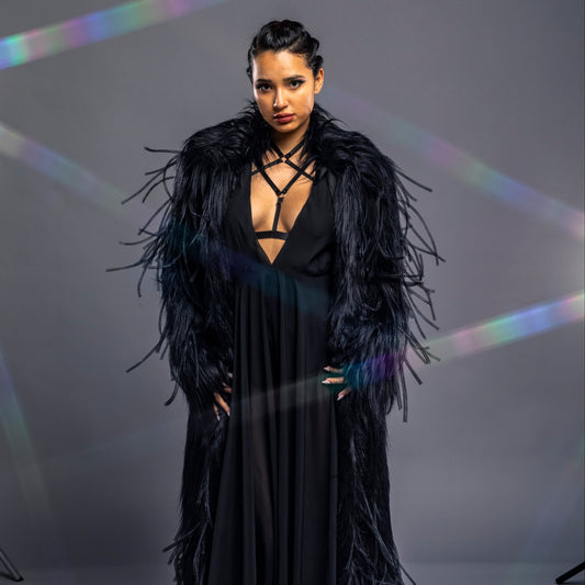 black faux fur coat with spike details