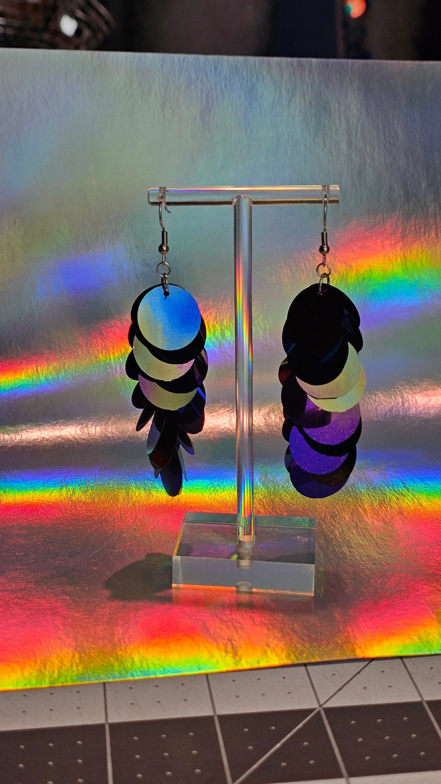 Black iridescent earrings with silver stainless steel hardware