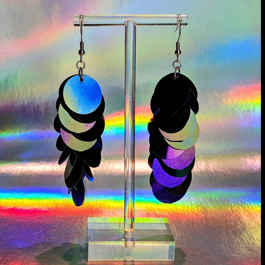 Black iridescent earrings with silver stainless steel hardware