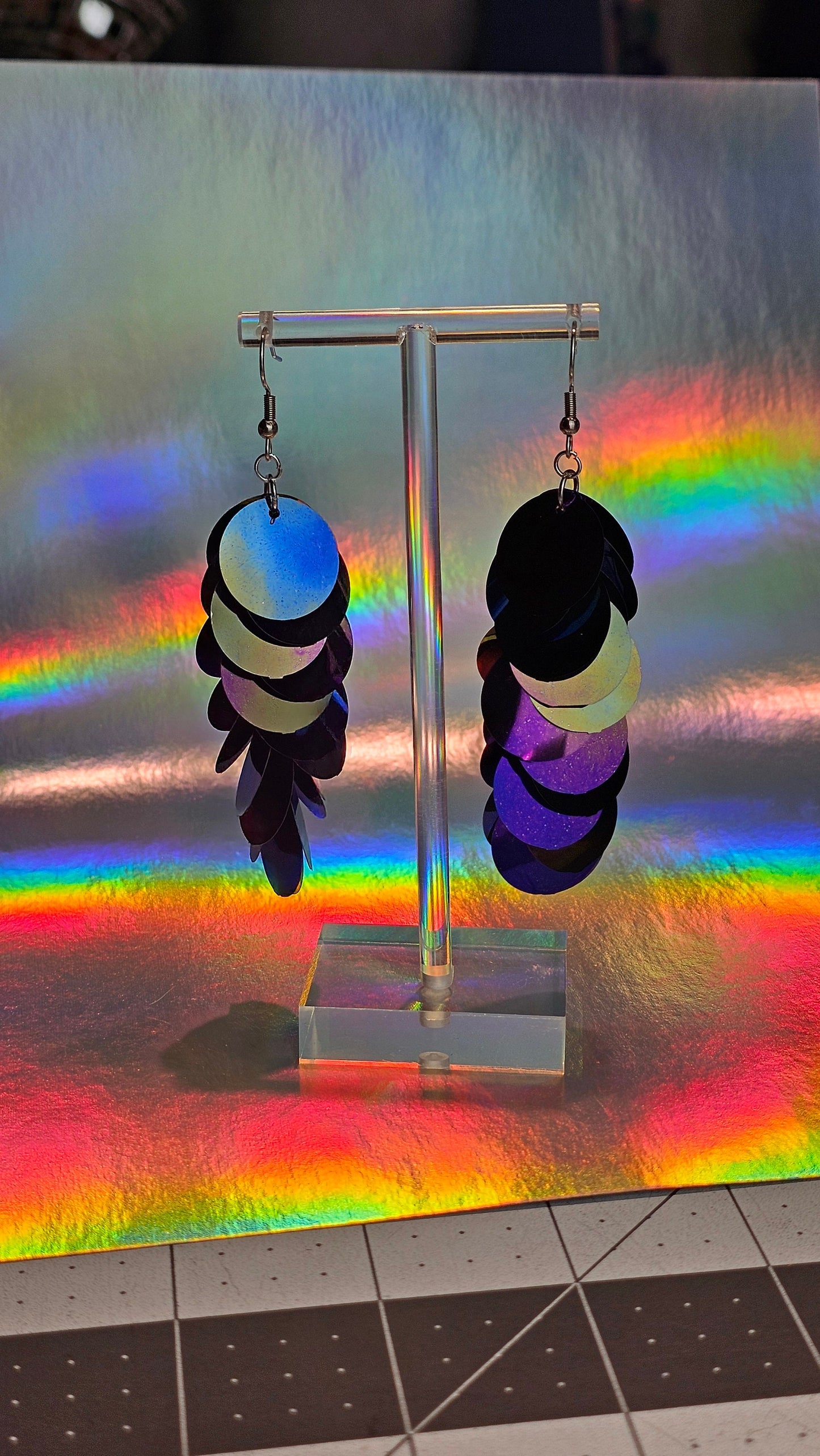 Black iridescent sequin earrings with silver stainless steel hardware