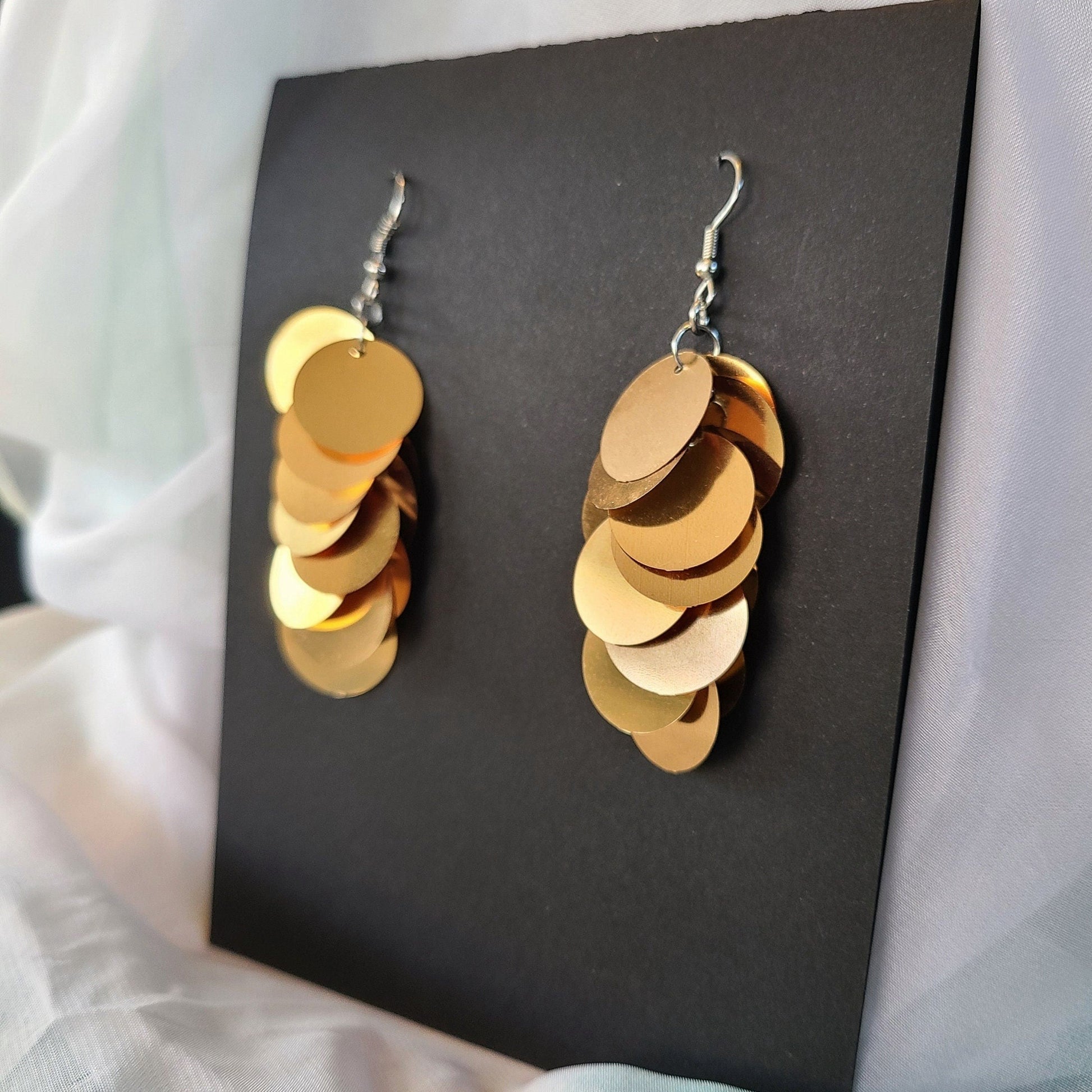 gold sequin earrings with silver stainless steel hardware