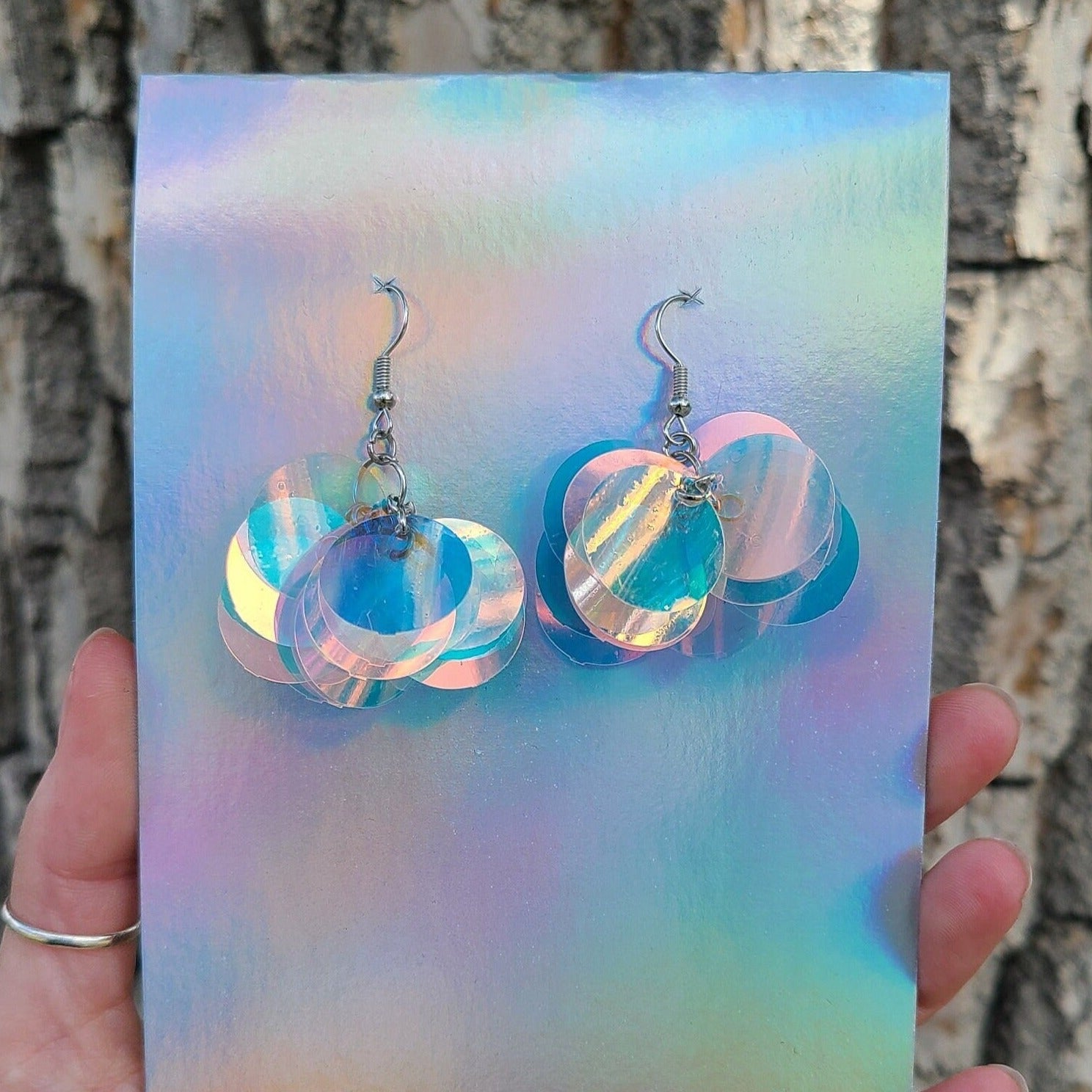 Iridescent sequin cluster earrings with silver stainless steel hardware