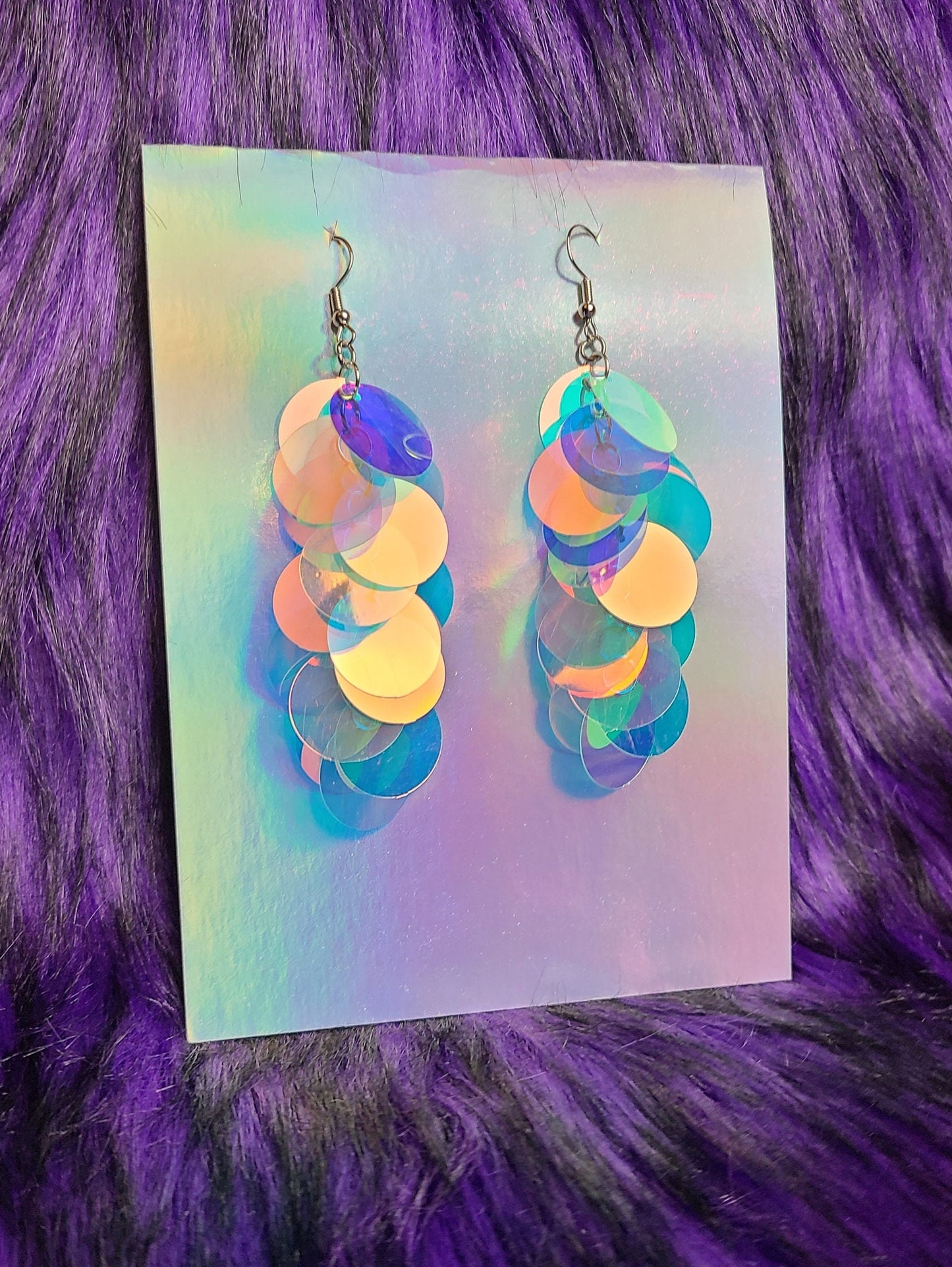 Iridescent sequin drop earrings with silver stainless steel hardware.