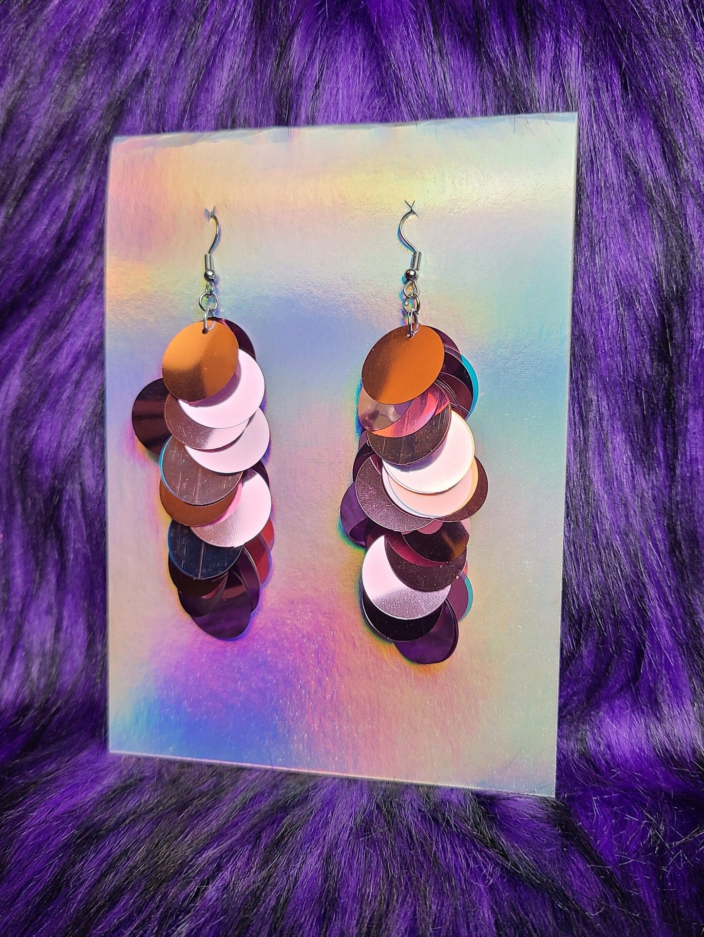 Metallic pink sequin drop earrings with silver stainless steel hardware.