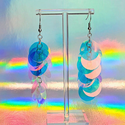 Iridescent sequin drop earrings with silver stainless steel hardware.