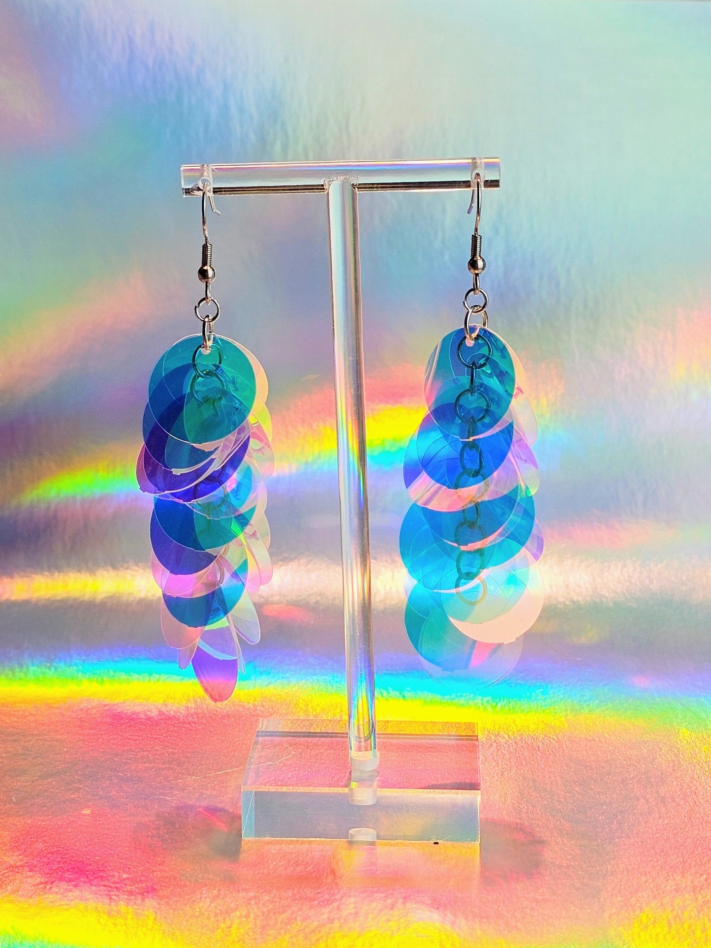 Iridescent sequin drop earrings with silver stainless steel hardware.