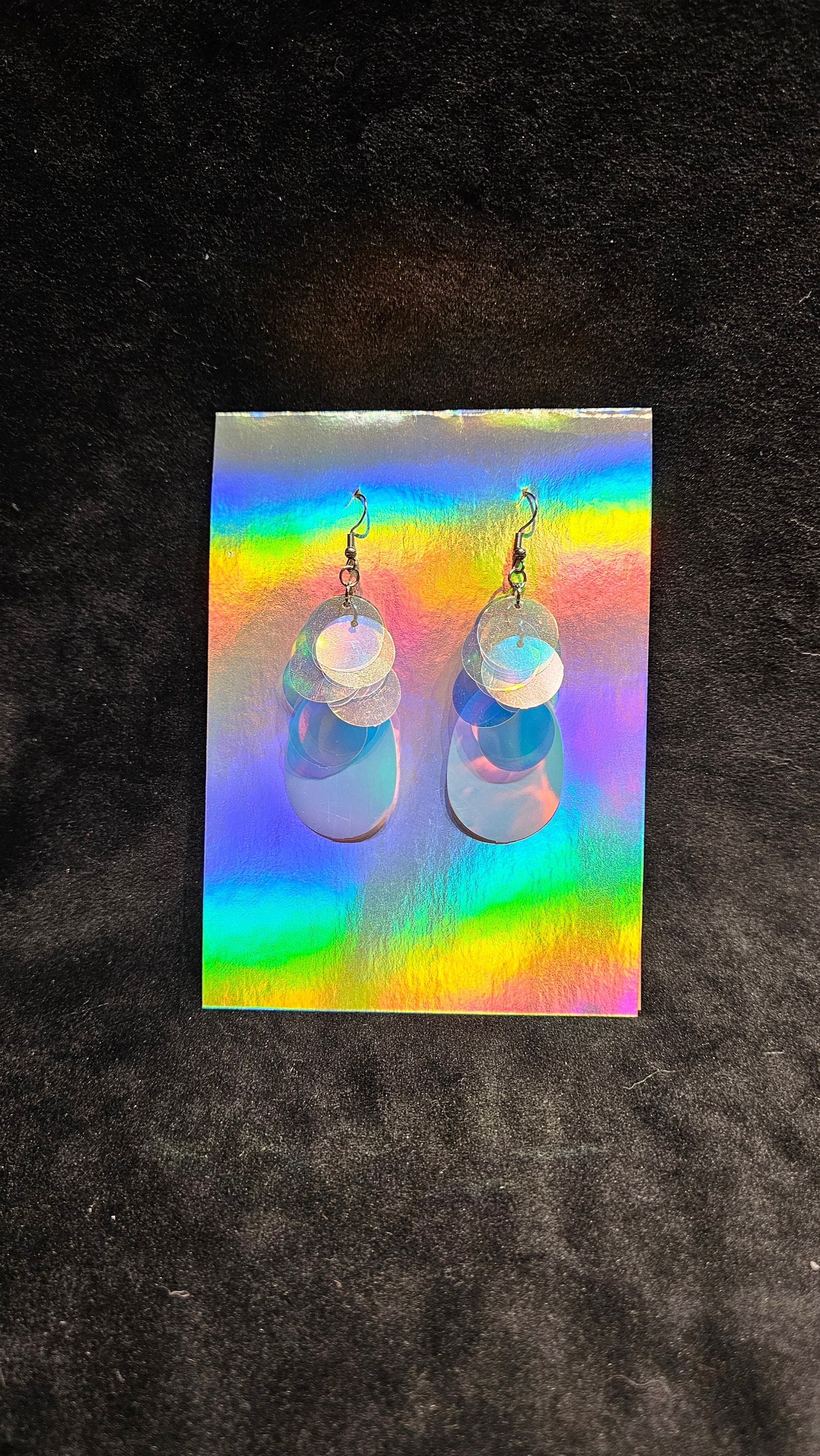 Iridescent sequin drop earrings with silver stainless steel hardware