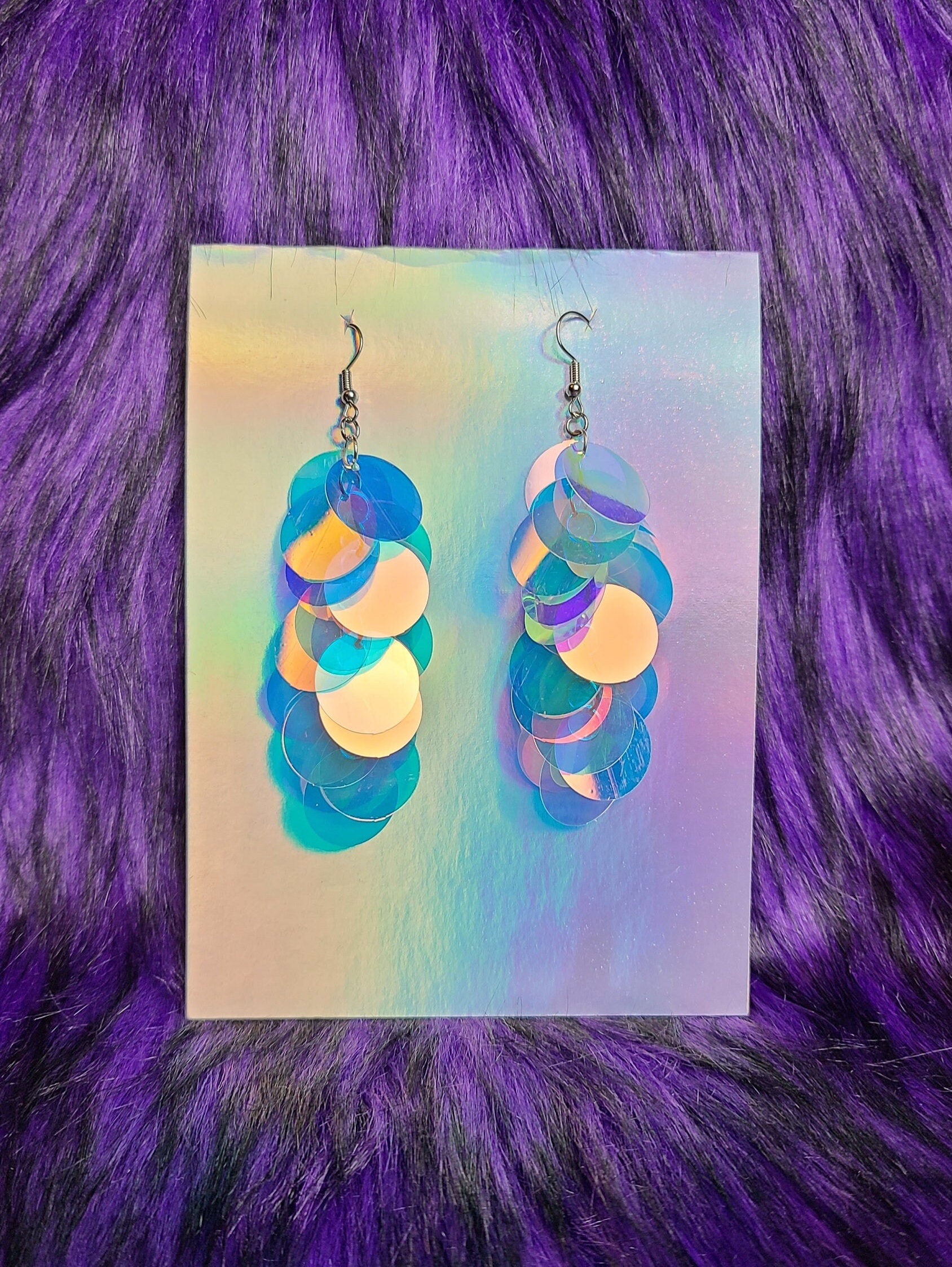 Iridescent sequin drop earrings with silver stainless steel hardware