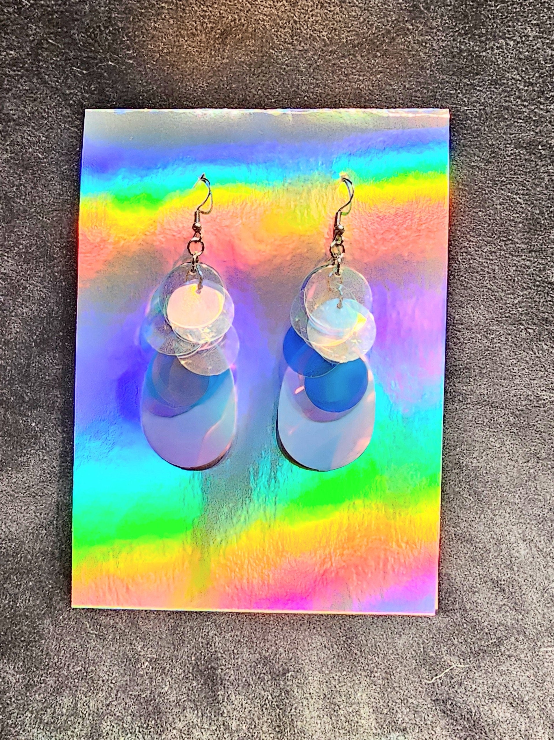 Iridescent sequin drop earrings with silver stainless steel hardware